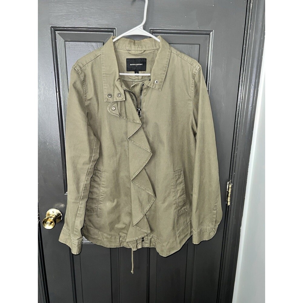Banana Republic Olive Ruffle Drawstring Waist Zip Snap Jacket Womens L Pockets
